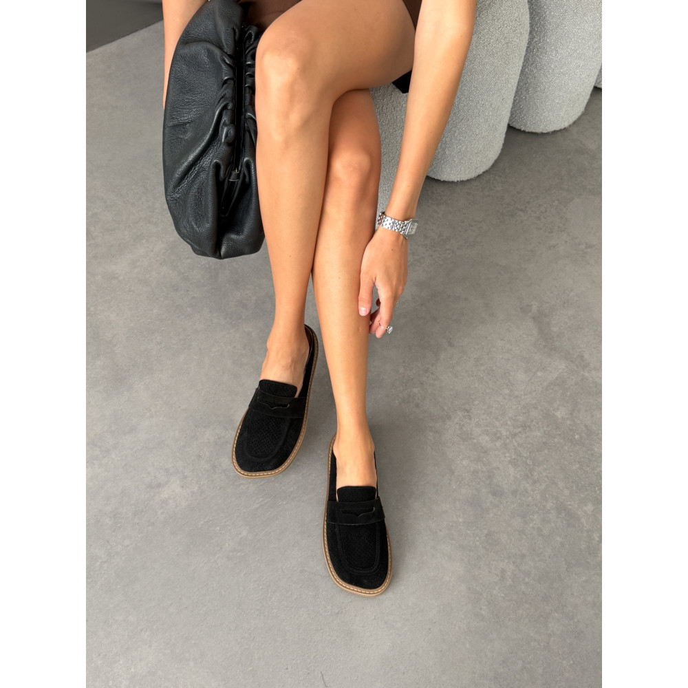 Мюлі barefoot на кожен день NikArt чорні замшеві з перфорацією та легкою підошвою