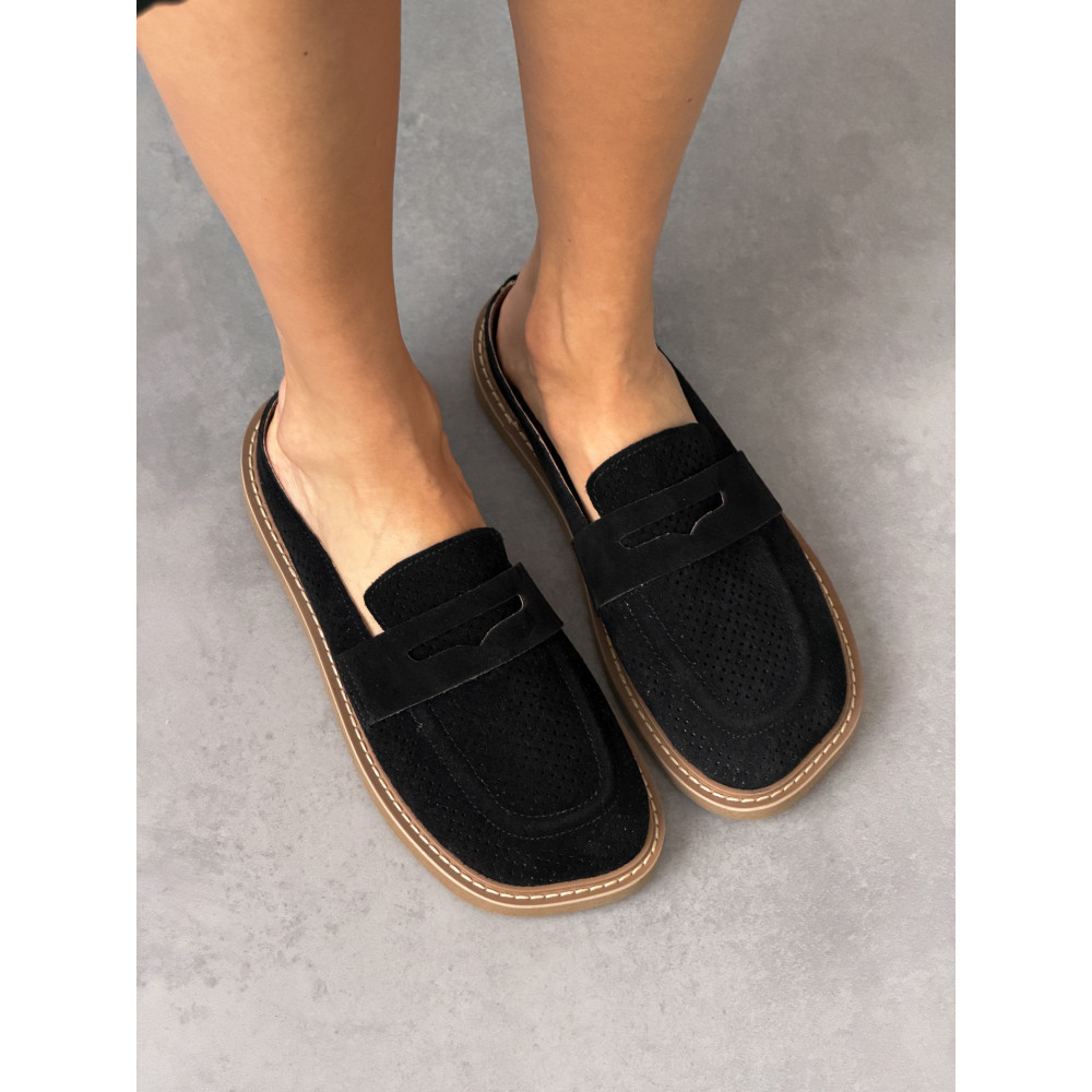 Мюлі barefoot на кожен день NikArt чорні замшеві з перфорацією та легкою підошвою
