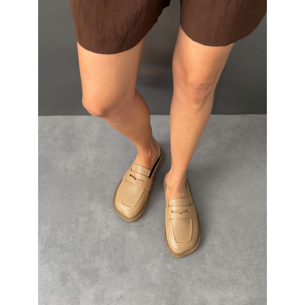 Мюлі barefoot на кожен день NikArt бежеві шкіряні з перфорацією та легкою підошвою