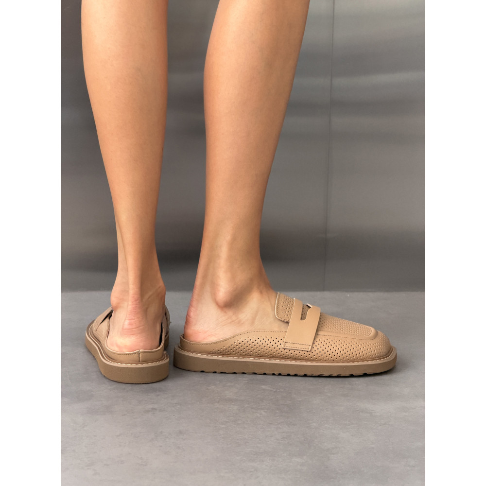 Мюлі barefoot на кожен день NikArt бежеві шкіряні з перфорацією та легкою підошвою