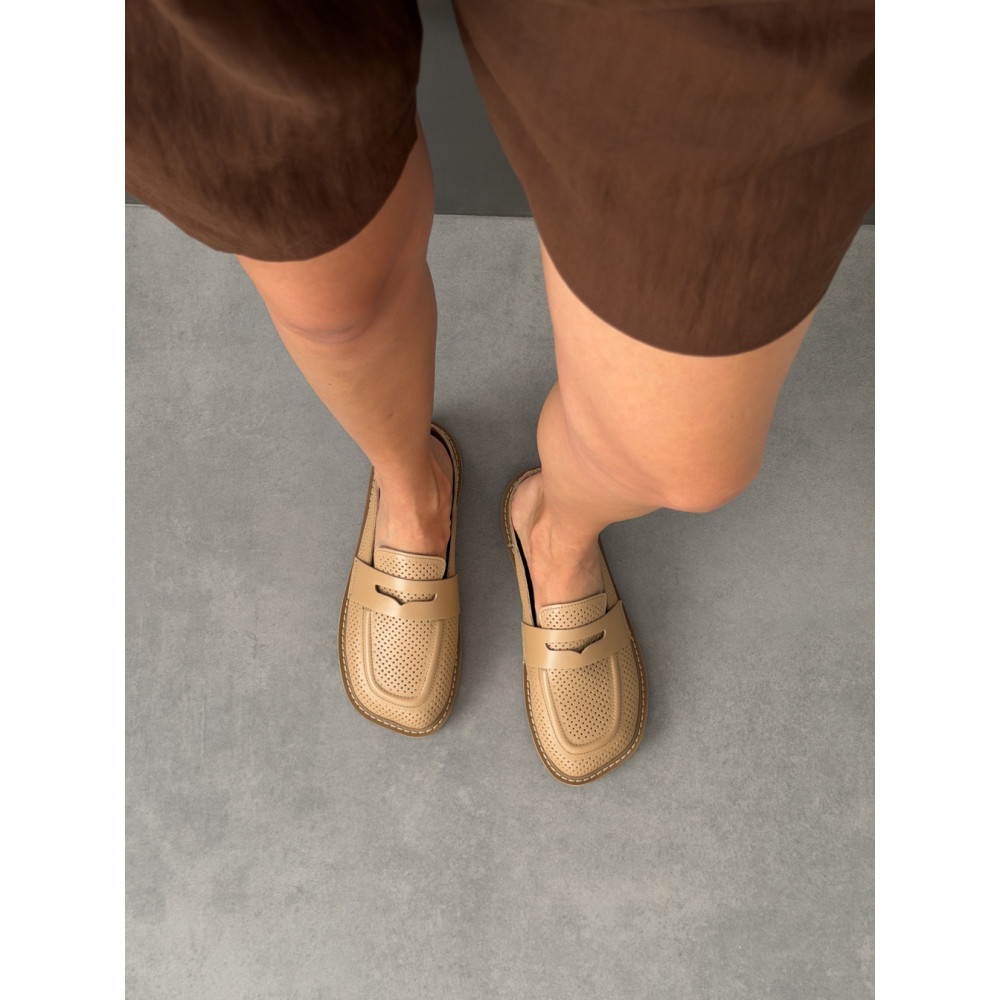 Мюлі barefoot на кожен день NikArt бежеві шкіряні з перфорацією та легкою підошвою