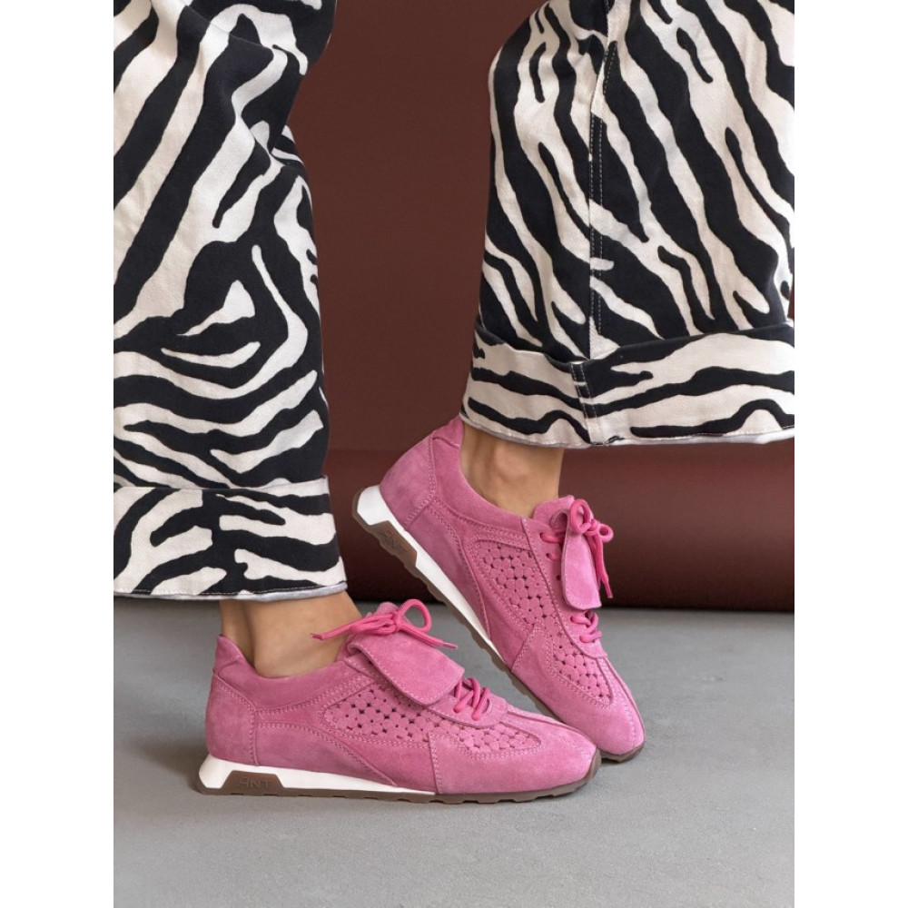 Преміальні замшеві кеди Olli Shoes рожеві з перфорованим квітковим візерунком
