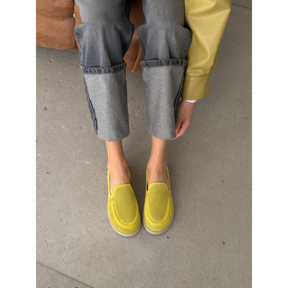 Лофери barefoot NikArt замшеві лаймові з анатомічним носком та перфорацією