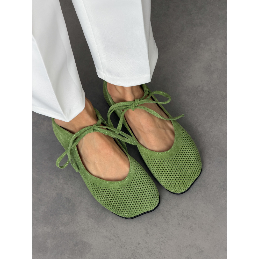 Балетки barefoot з перфорацією NikArt замшеві зелені з натуральної замші