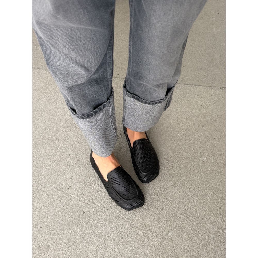 Жіночі лофери barefoot з перфорацією шкіряні чорні комфортні NikArt