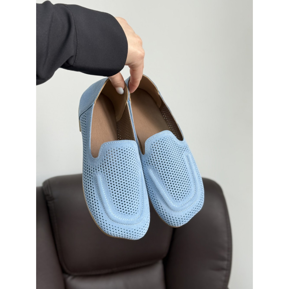 Жіночі лофери barefoot з перфорацією замшеві блакитні комфортні та стильні