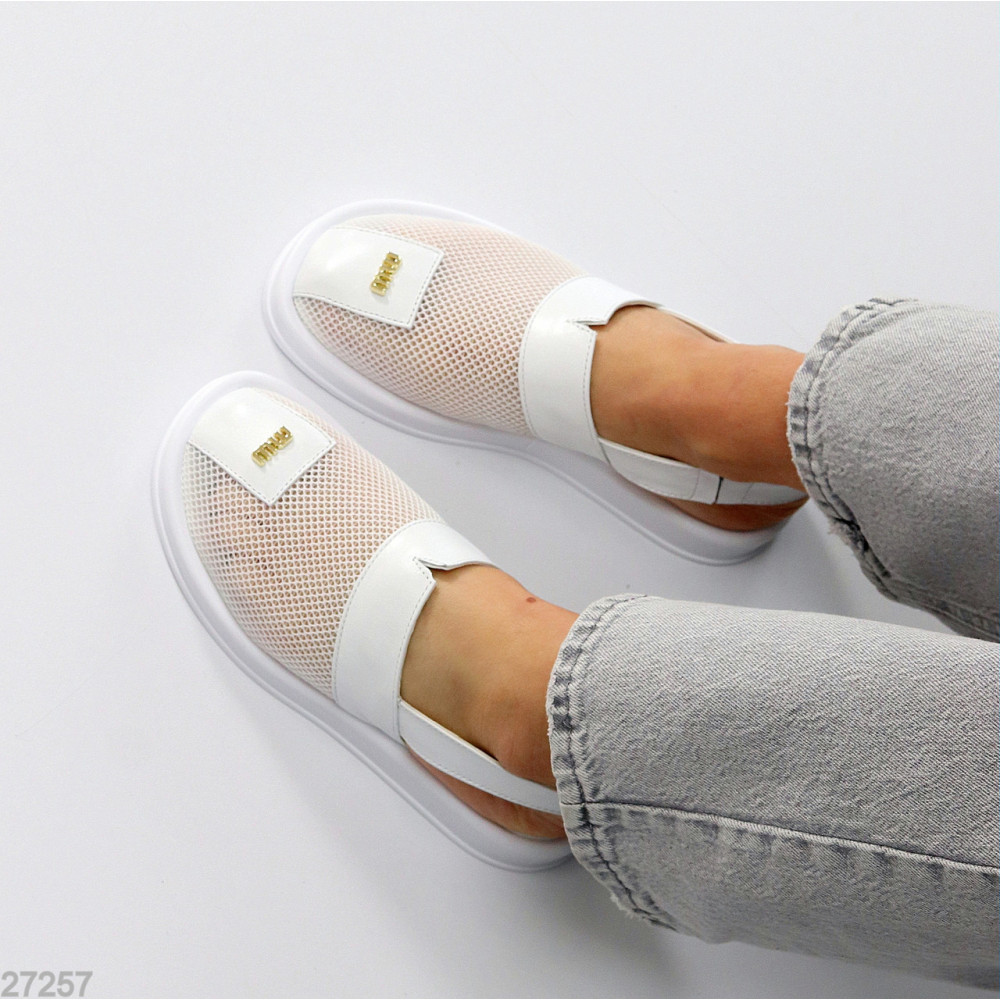 Дизайнерские белые кожаные закрытые босоножки сетка низкий ход
