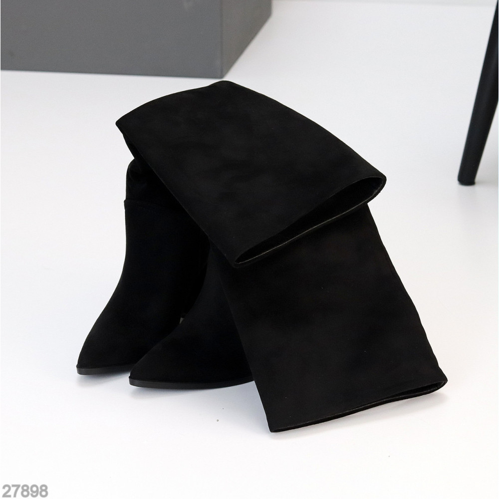 Высокие черные замшевые сапоги на флисе устойчивый каблук