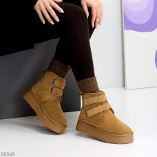 Замшеві жіночі уггі на липучках з товстою підошвою кольору Camel для зими